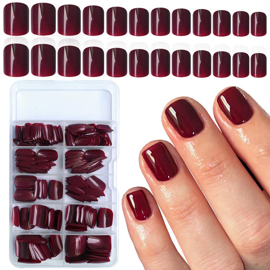 LuckForever Short Press on Nails 240pc Glossy Burgundy Press on Nails Short Square Round Fake Nails Full Cover 10 Sheets Nail Adhesive Tabs,Small Wooden Sticks and Nail Files False Nails for Women