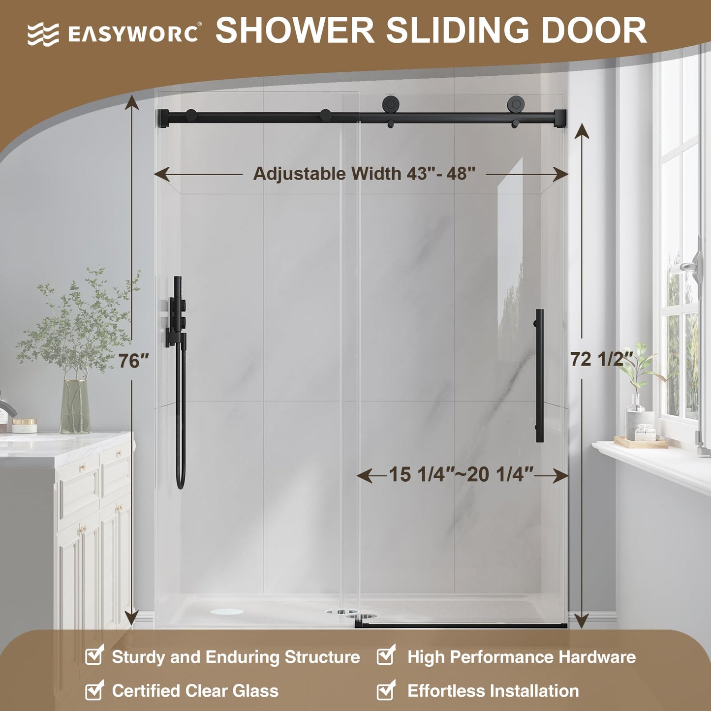 EASYWORC Frameless Glass Shower Door, 43-48" W x 76" H Sliding Frameless Shower Door, 1/4''(6mm) SGCC Tempered Glass, Explosion-Proof Film Nano Coating, Stainless Steel Hardware, Matte Black