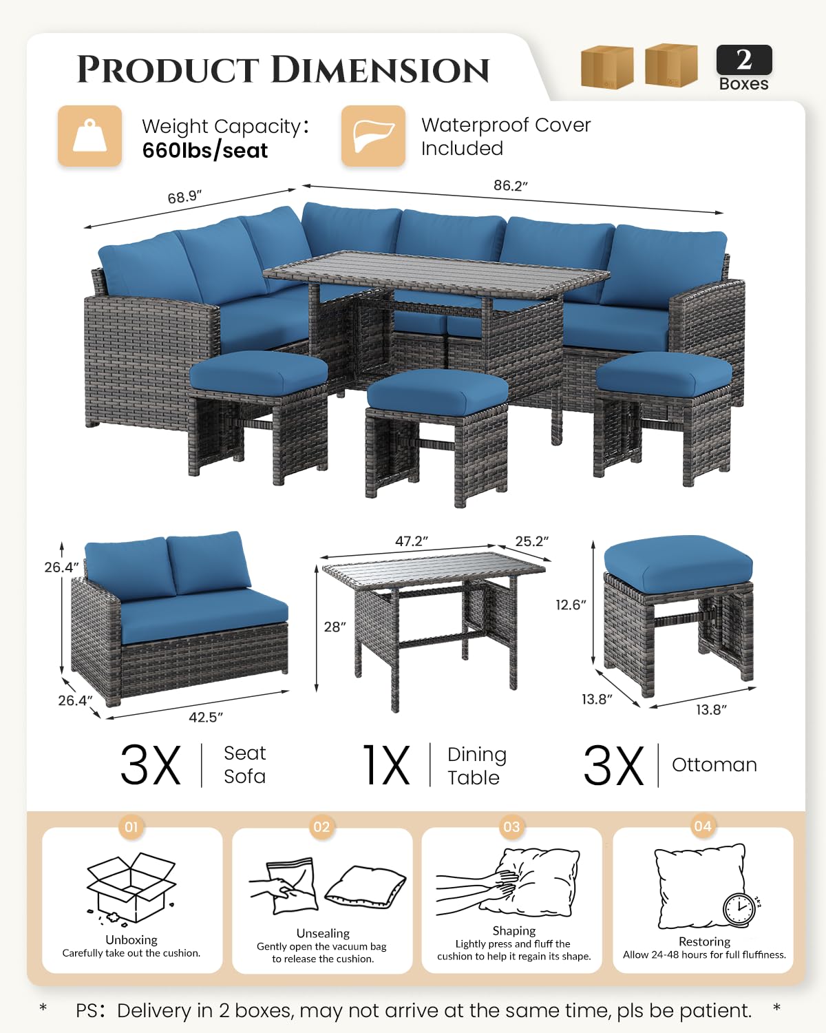 U-MAX 7 Pieces Patio Furniture Set with Waterproof Cover, Outdoor Sectional Sofa Conversation Set, All Weather Wicker Rattan Dining Table & Chair with Ottoman, Grey Rattan&Dark Blue Cushion