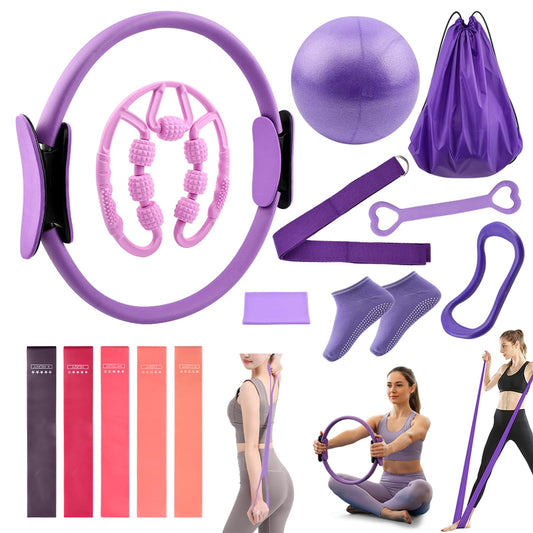 Pilates Essentials Kit for Women, 14 Pcs Pilates Equipment for Home Workouts with Yoga Circle Ball Ring, 5 Resistance Bands,Pedal Puller Resistance Band,Anti Slip Socks for Starter Set Accessories