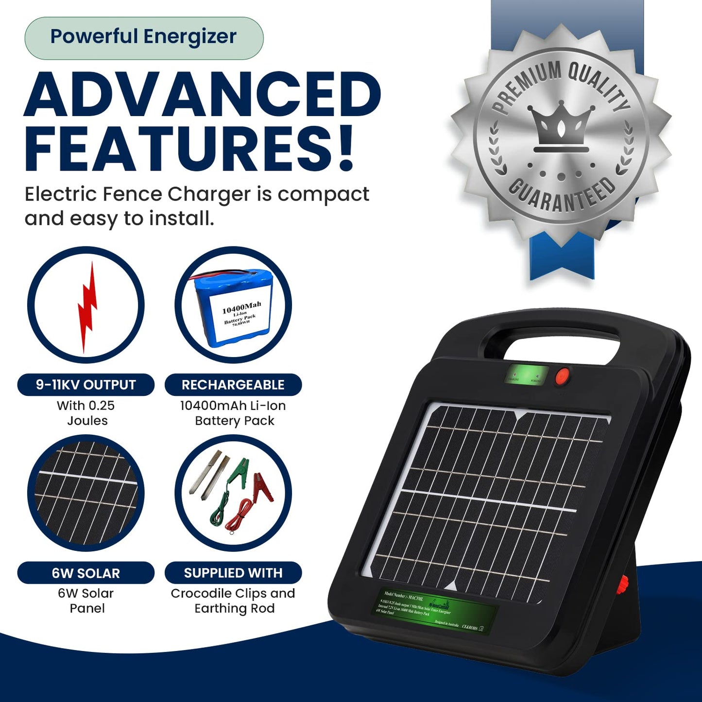 My Animal Command Solar Powered Electric Fence Charger 0.25 Joules Output (9-11KV) with Lithium Battery Energizer Containment & Protection of Livestock Horses Cattle Sheep Pets Easy Install