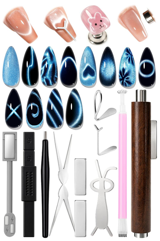 AzureBeauty Cat Eye Magnet Set, Heart Rabbit French Cat Eye Nail Tool Kit, 3-in-1 Wooden Cylinder Magnet Pen, Creates Stripes, Black Hole, Flower&Glassy Moon Effects for DIY & Salon Use