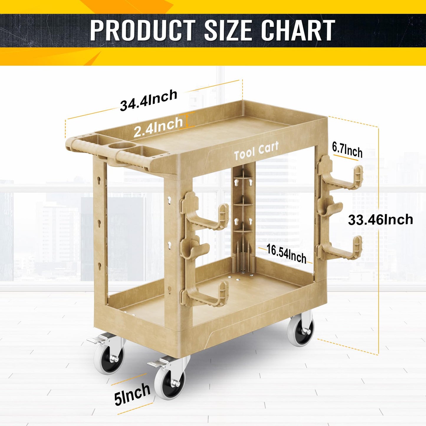 Utility Cart on Wheels, 850Lbs Heavy Duty Plastic Rolling Cart with Upgraded Side Tube Holder Hooks&Full Swivel Wheel, 34 x 17 Inch Deep Shelve 2 Tier Service Cart for Warehouse/Garage/Cleaning, Wood