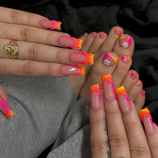 48Pcs Gradient Orange Pink French Tips Press on Toenails Water Ripple Press on Nails Long Square False Nails with Ombre Designs Fake Toe Nail Press Ons Glossy Summer Nails for Women Girls DIY Manicure