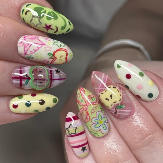 OCTOSWAVE Almond Press on Nails Long Acrylic Fake Nails with Cute Apple, Flower & Plaid Art for Women, Y2K Preppy Style for Party, Date, Vacation, 24Pcs