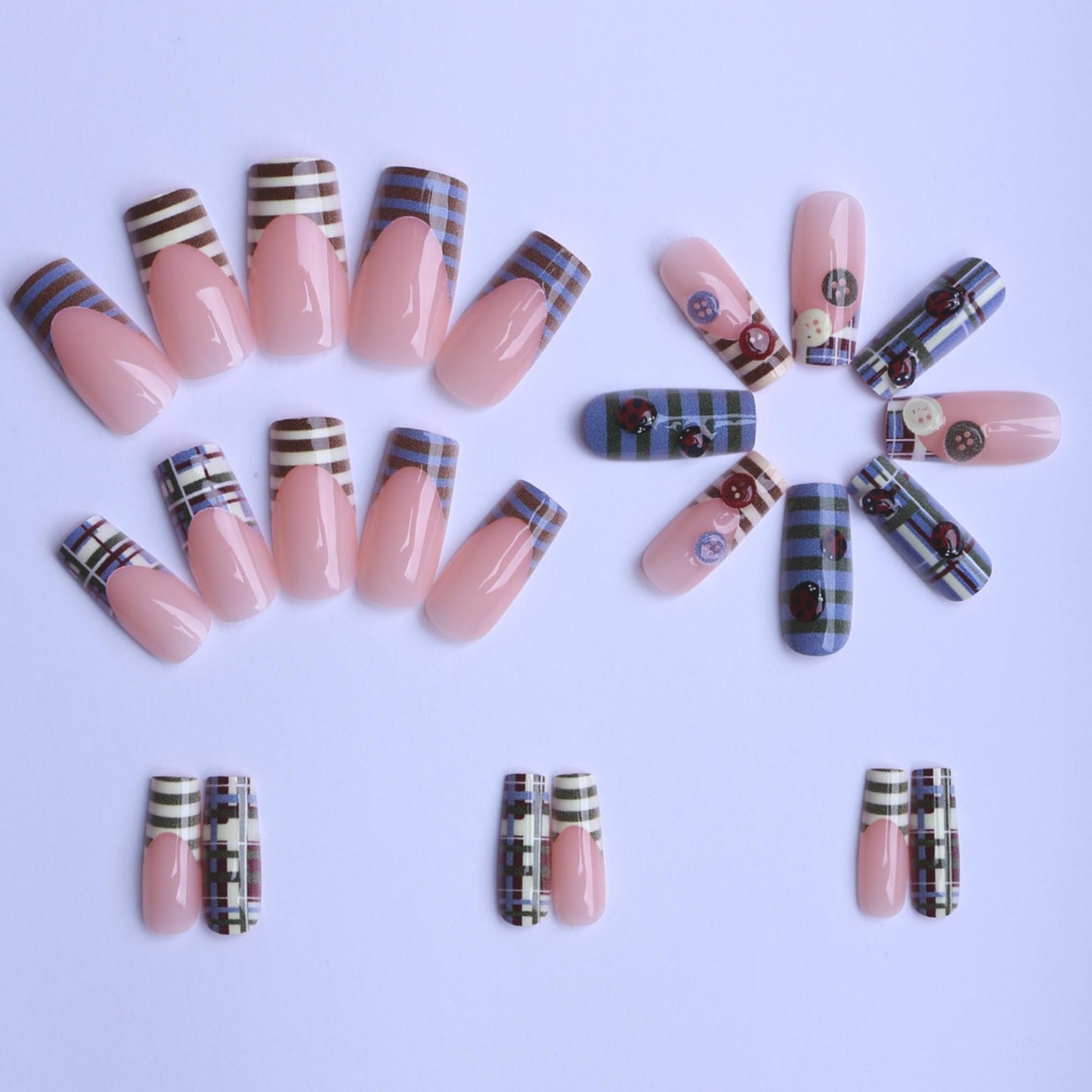 octoswave Press on Nails Medium Square Plaid Fake Nails with 3D Button Ladybug Designs for Women Party Travel 24Pcs