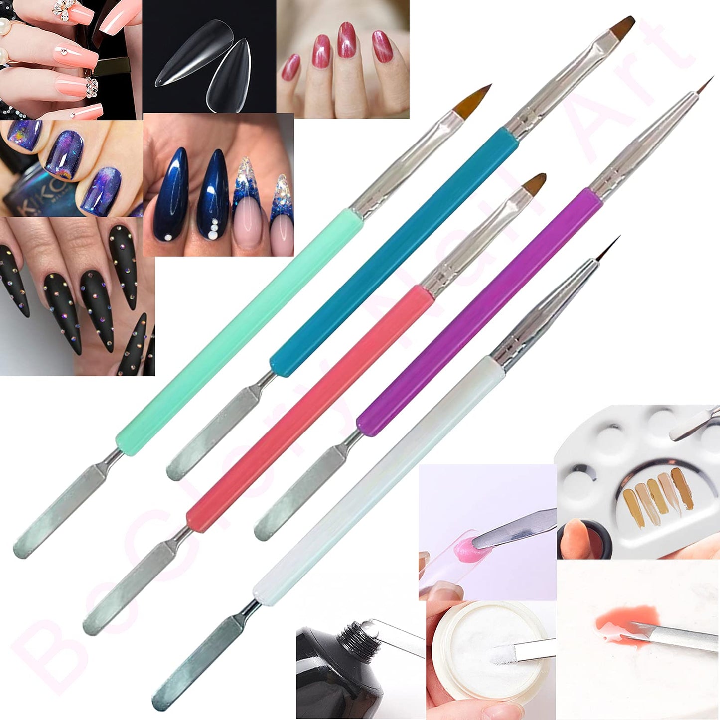 505PCS Acrylic Nail Brushes with False Nail Tips, Dual Head Gel Brush Acrylic UV Gel Picker Brush 3D Nail Acrylic Brush Fake Nail Tips Press on Nail Stiletto Nail for Dip Powder Extension Nails (C)