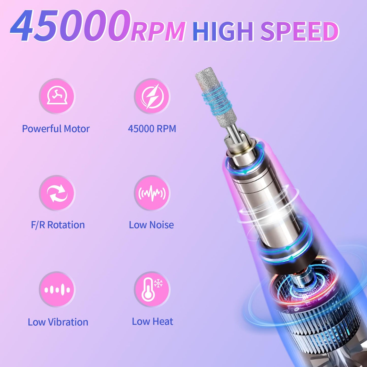 Electric Nail Drill Professional - 45000 RPM Cordless Nail Drill with Rechargeable Stand, Electric Nail File with Nail Lamp, Portable Nail Drills for Acrylic Gel Polishing Removing, Home & Salon Use