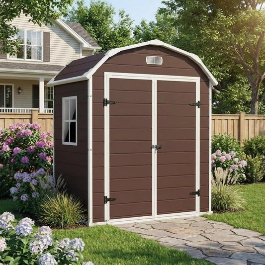 6x4.5 ft Resin Outdoor Storage Shed with Floor, Plastic Storage Shed with Lockable Door, Outside Shed Perfect to Store Patio Furniture, GardenTools Bike Accessories, Lawn Mower