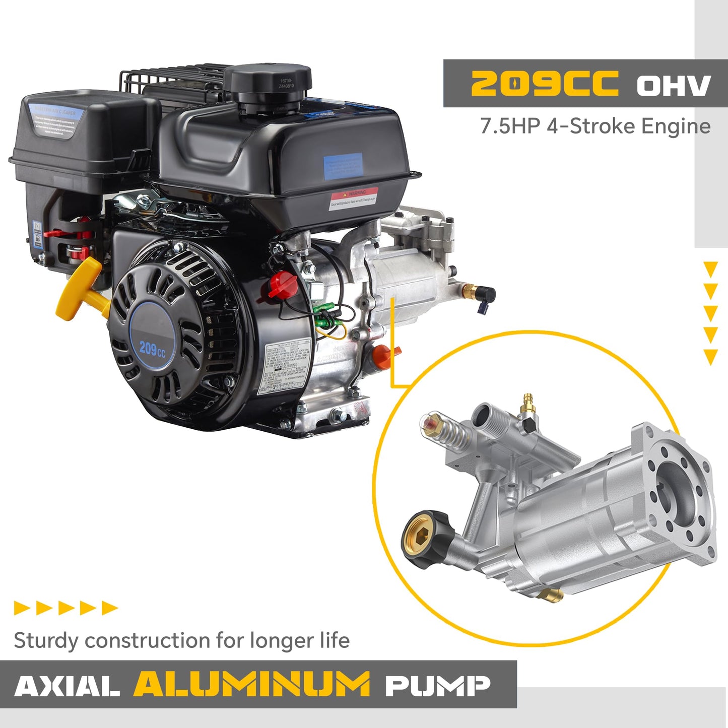 AidBuilt 3500 PSI Gas Pressure Washer, 2.3 GPM High Power Washer with 209CC Engine, 25FT Hose, 4 Quick-Connect Nozzles, for Cleaning Walls, Vehicles, Gardens, Driveways, Concrete(Orange)