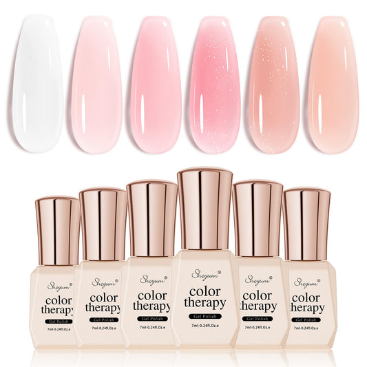 SHOYUM Icy Jelly Nude Pink Gel Nail Polish Set of 6 Transparent Milky White Colors Sheer Gel Polish x Kit for Salon Manicure and Nail Art DIY at Home