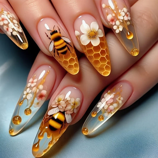 Almond Press on Nails Medium Fake Nails Spring False Nails Bee Flower Artificial Nails with Honeycomb Designs Glossy Acrylic Nails Summer Stick on Nails Full Cover Glue on Nails for Women Manicure