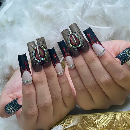 Halloween Press on Nail Handmade 3D Halloween with Rhinestones Fake Nails, False Tip For Women and Girls Full Cover - Haflona (Halloween Heart Size S&M)