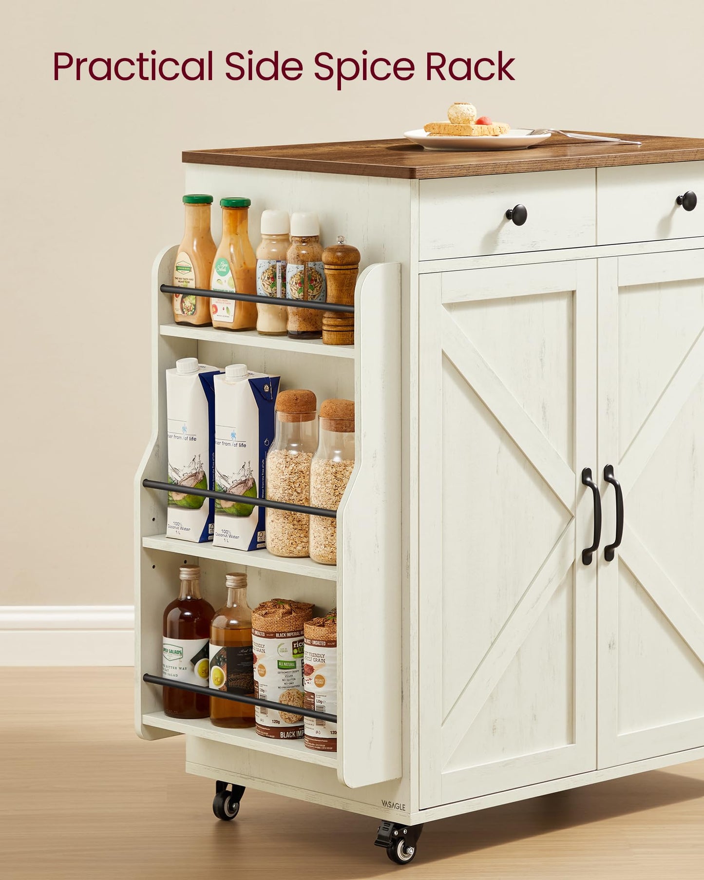VASAGLE Mobile Kitchen Island, Portable Island with Spice Rack, Mobile Cart with Storage Cabinet, 17.7 x 36.5 x 36 Inches, for Dining Room, Rustic White and Honey Brown UKKI008W01