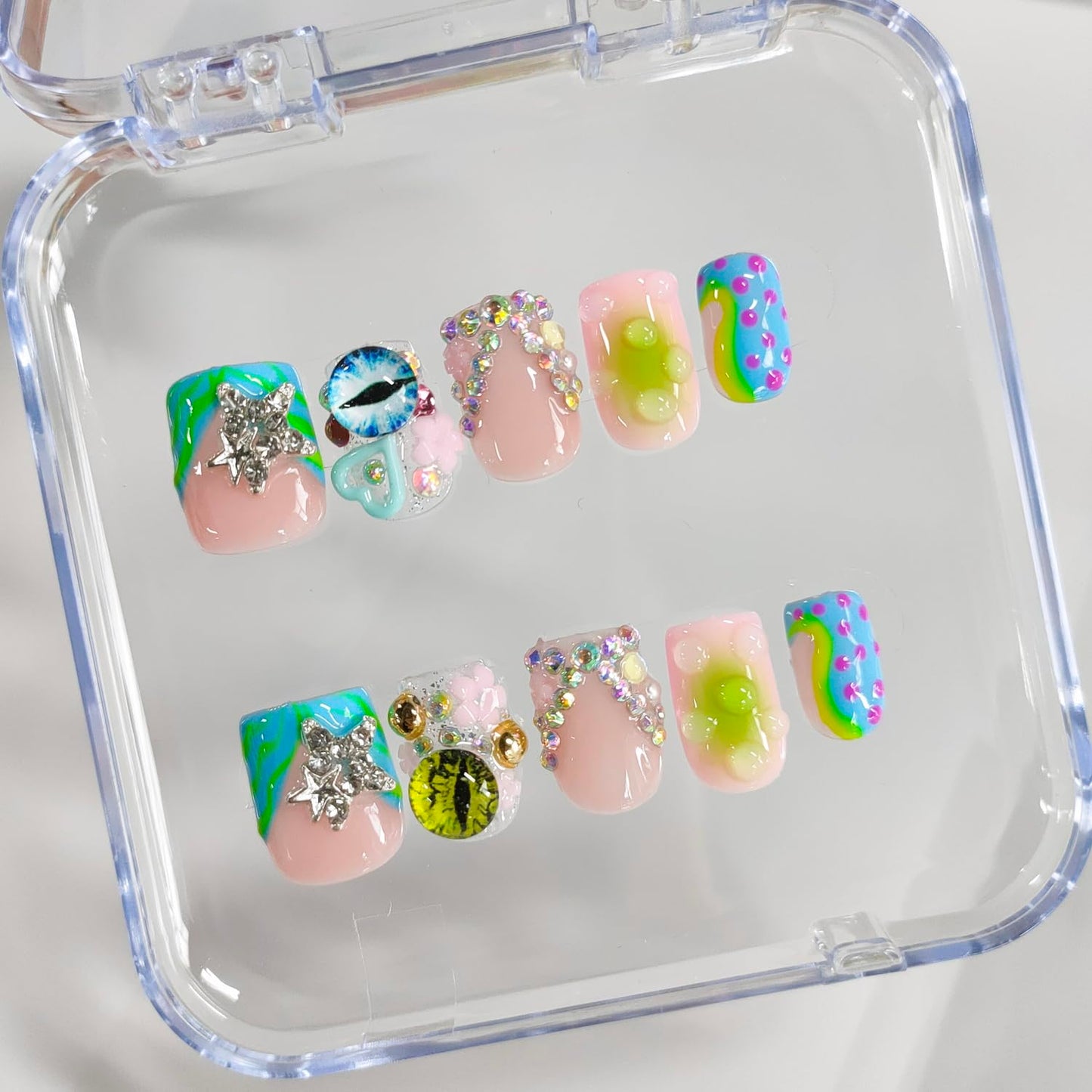 Handmade Press on Nails Short Square 3D French Tip Thick Acrylic Fake Nails Y2K False Nails with Polka Dots Eyes Charms Rhinestones Stars Water Drop Designs Sturdy Nail Art Press on Nails 10Pcs(M)