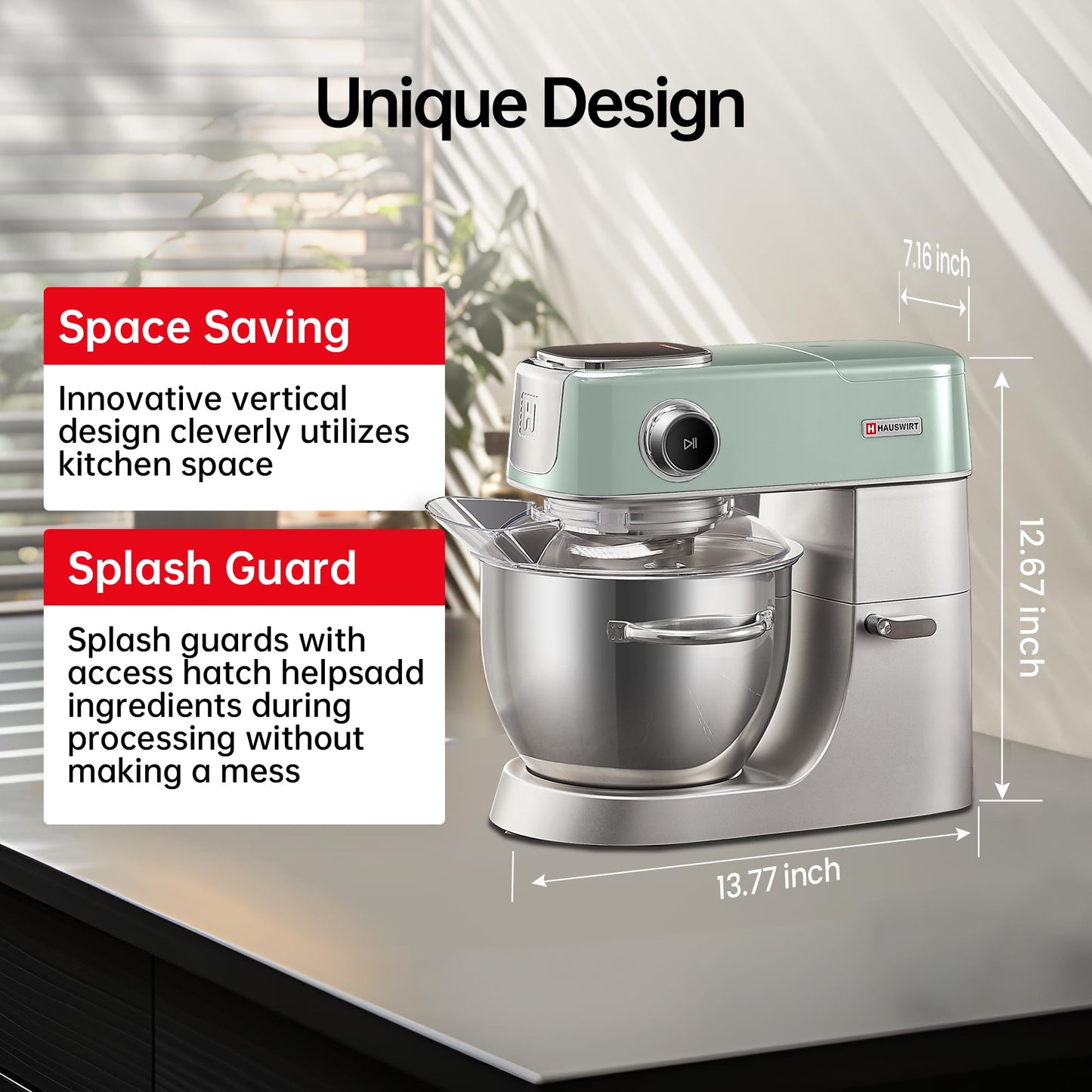 Hauswirt High-End Smart Stand Mixer M5, LED Touchscreen Mixers Kitchen Electric Stand Mixer, 5 Preset Menus, 5.3Qt Dough Mixer, 11speeds Kitchen Mixer with Egg Whisk, Dough Hook, Beater, lake green