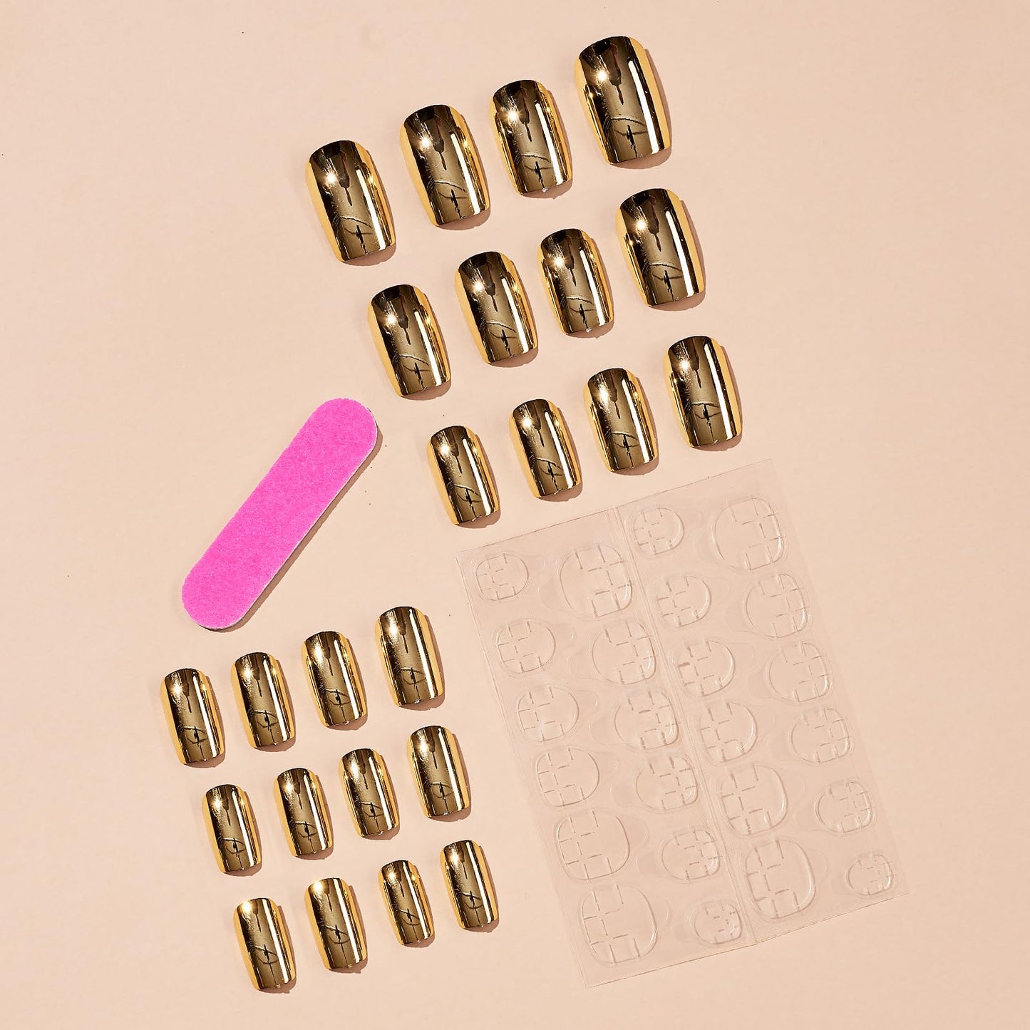 Gold Press on Nails Short - Square Fake Nails with Solid Color Design - Chrome Full Cover Stick on False Nails - for Women 24 Pcs