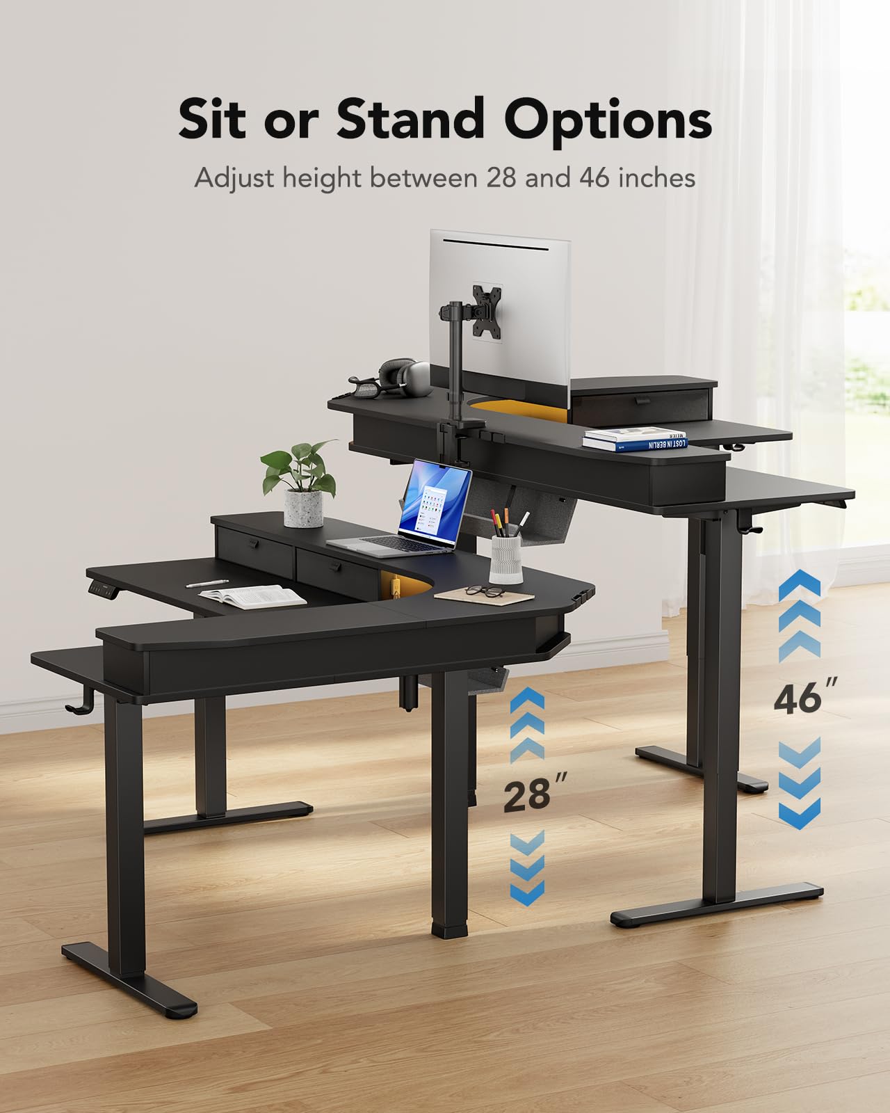 HUANUO 65″ L-Shaped Standing Desk with Power Outlets & LED Strip, Electric Height Adjustable Corner Computer Desk, Sit Stand Up Desk with 3 Drawers, Black