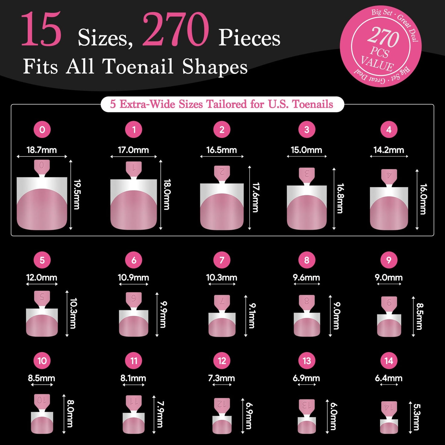 Qiek Toe Nail Press Ons French Tip, Sharp Square Berry Pink Pre-Designed Fake Toenail Press On for Women DIY, Soft False Acrylic Nail Extension 15 Sizes, 270 Pcs - Builder Nail Gel & Top Coat Needed