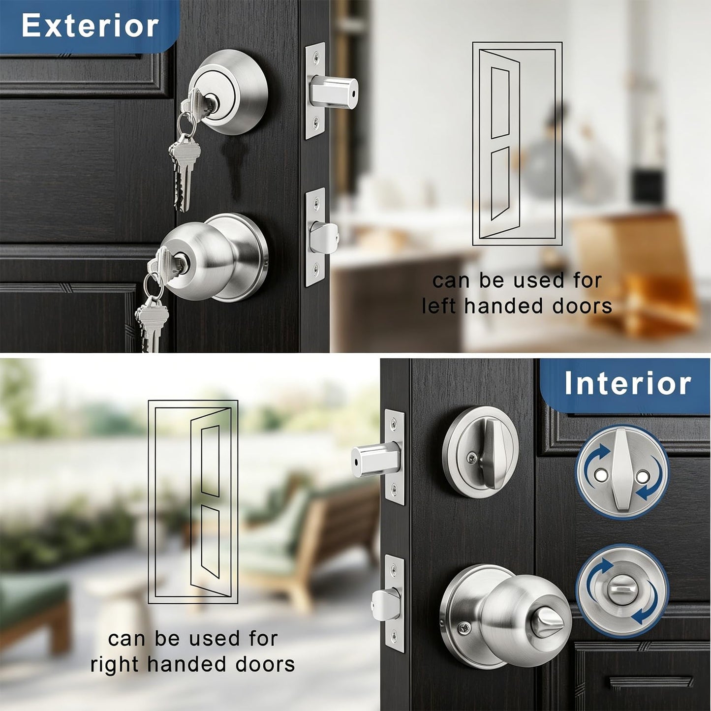 Knobonly Keyed Alike Exterior Door Knob, Round Outdoor Lock with One Sided Deadbolt, Stainless Steel, Satin Nickel Door Knobs, Silver Door Handle Sets, 4 Pack