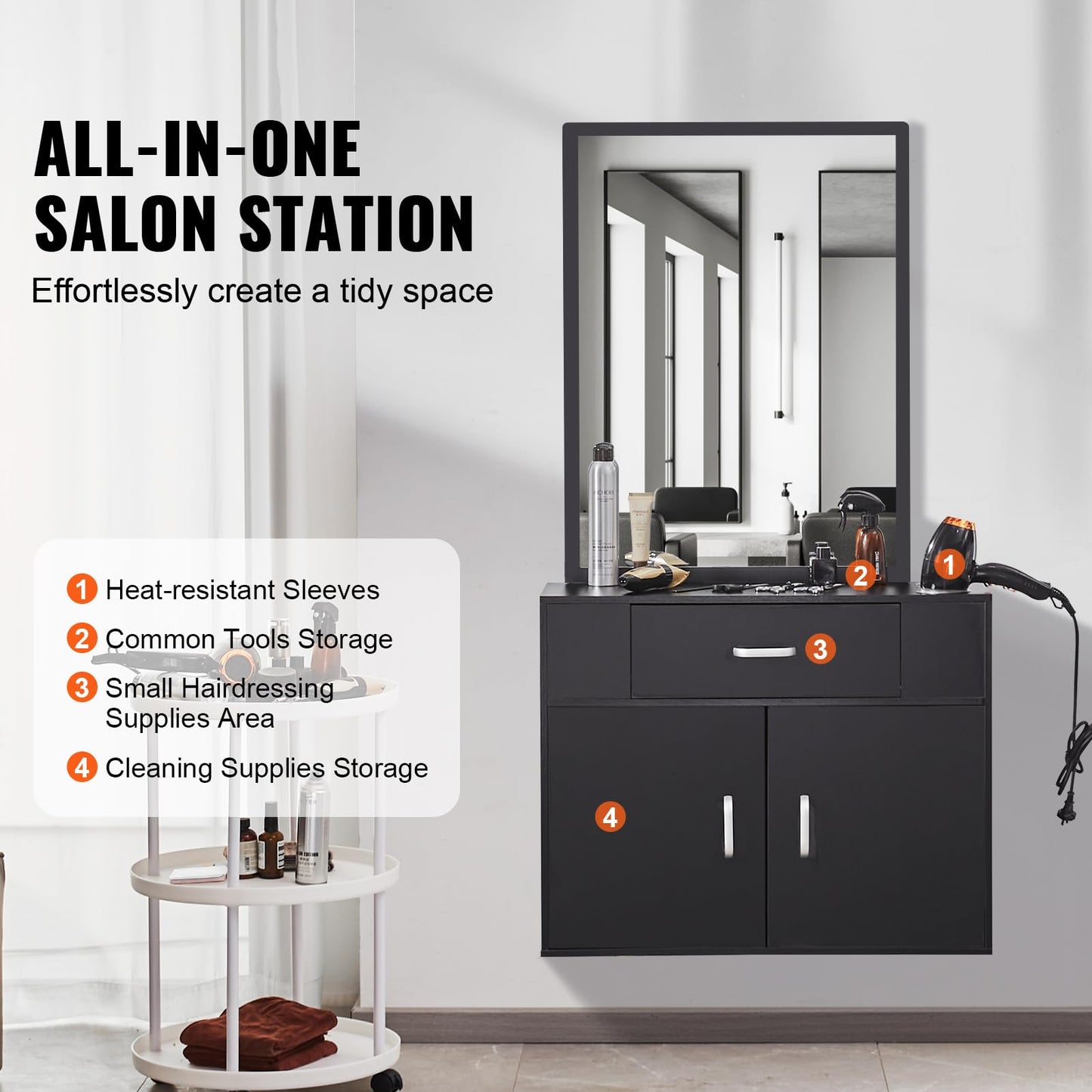 VEVOR Salon Storage Cabinet, Wall Mounted Barber Salon Station for Hair Stylist, Hair Stylist Station Set, with 3 Sleeves, A Mirror, Double-Door Cabinet, and A Drawer, Black