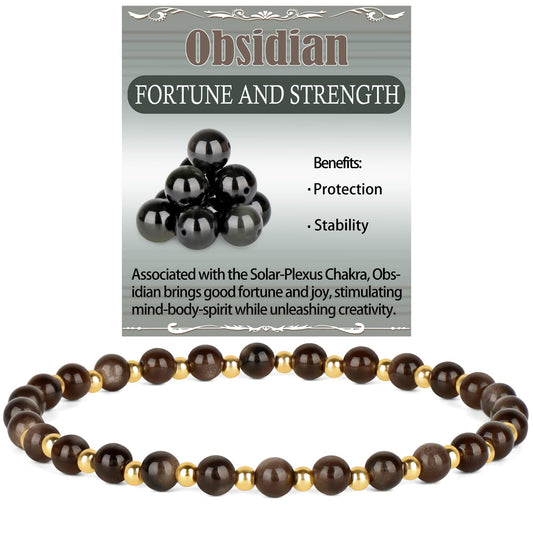 QOGIR Silver Obsidian - Fortune and Strength - 14K Gold Plated Beads Natural Gemstone Stretch Elastic Dainty Healing Beaded Bracelets Gifts 4mm