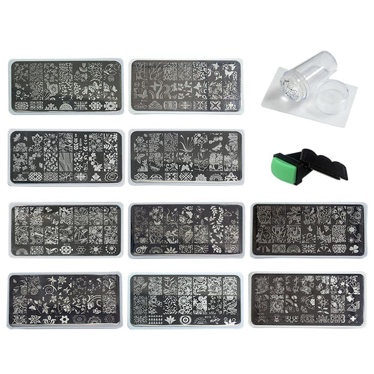 Beauty Leader 10PCS Nail Art Stamping Template Mix Design Image Plates With White Plastic Plate Holder+1 Pcs Square Rubber Stamper DIY Nail Art Image Stamp Plate