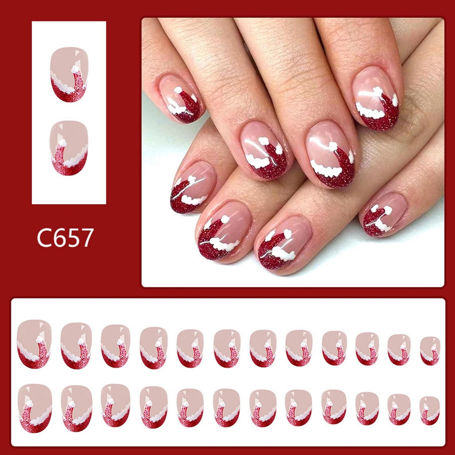 144 Pcs 6 Styles Christmas Press on Nails Kit Short Fake Nails Xmas Tree Snowflake Elk Santa's Hat Designs French Tip Sparkly Acrylic Nails Full Cover Glitter False Nail Set for Women Nail Art DIY