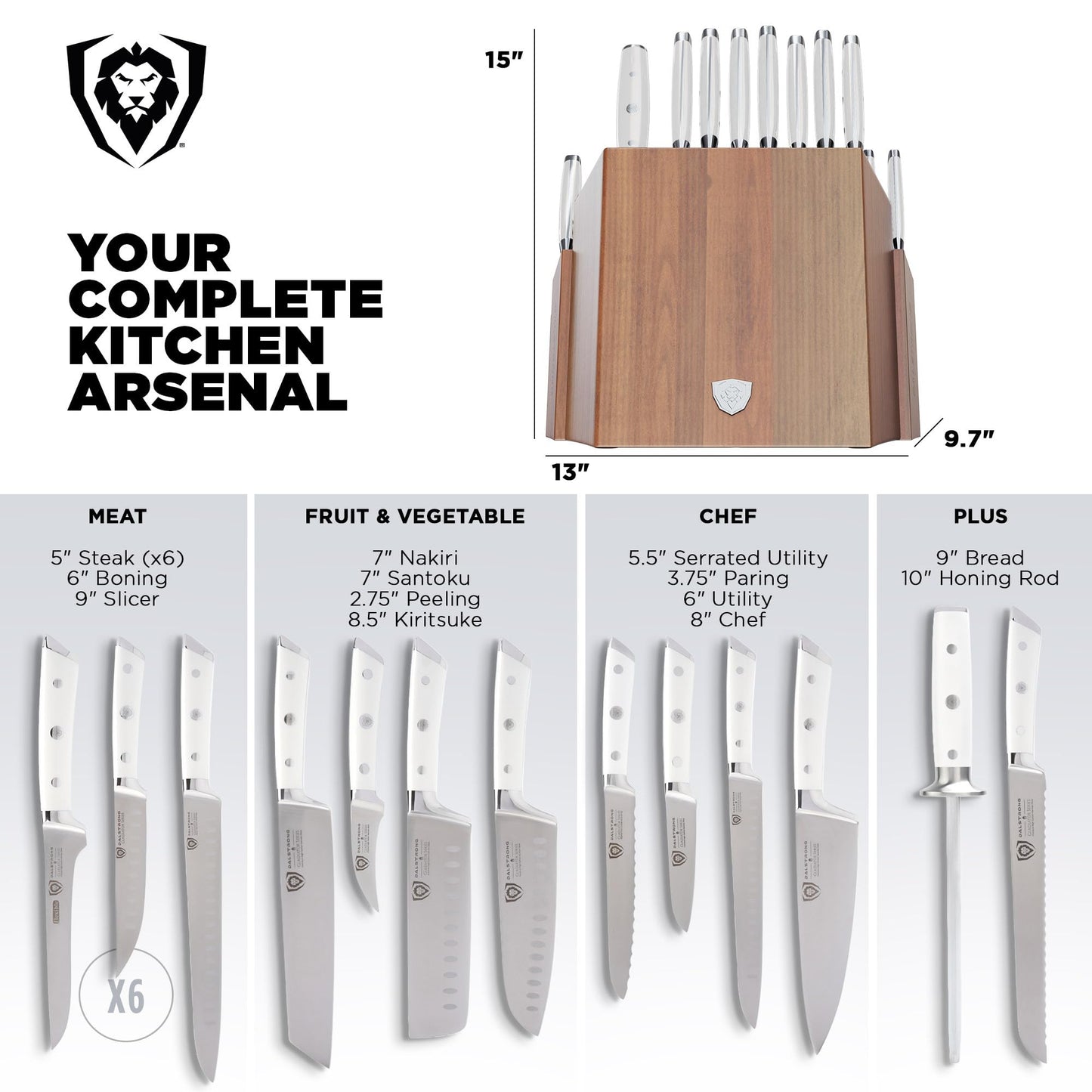Dalstrong 18-Piece Kitchen Knife Set Block - High Carbon German Steel Full Tang - Acacia Wood Knife Block Set - White Handles ABS Gladiator Series - Professional NSF Knives set for Kitchen Cuchillos