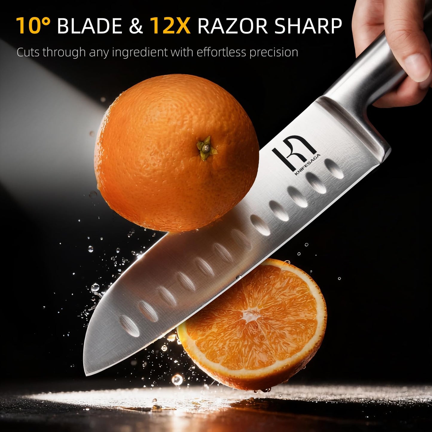 KnifeSaga Knife Block Set with Two-stage Sharpener, 14-Piece | Razor Sharp Japanese Stainless Steel Kitchen Knives with Ergonomic Handles