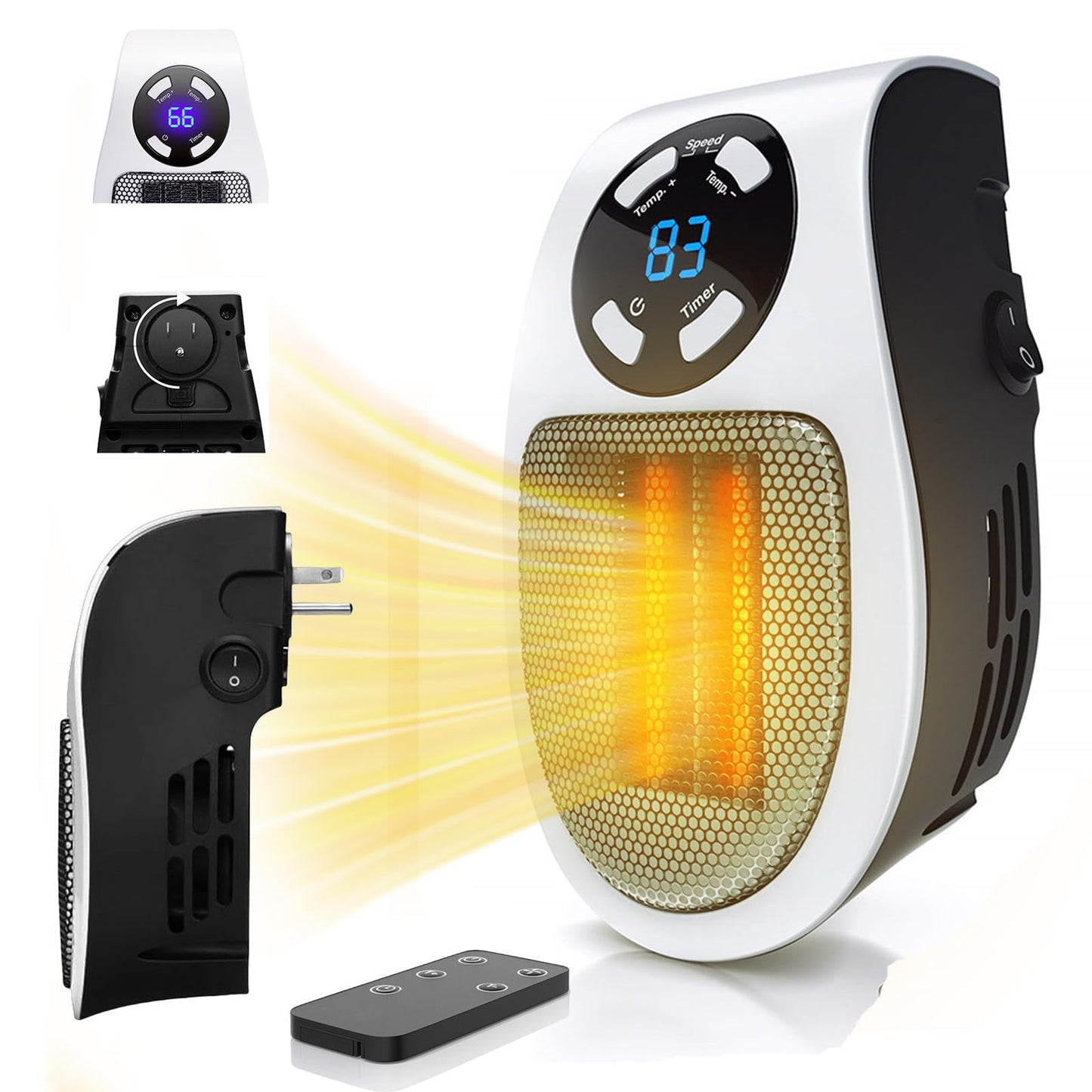450W Mini Space Heater With Temperature Detection, Remote Wall Outlet Electric Space Heater as Seen on TV with Adjustable Thermostat and Timer and Led Display, Compact for Office Room RV (Smart-White)