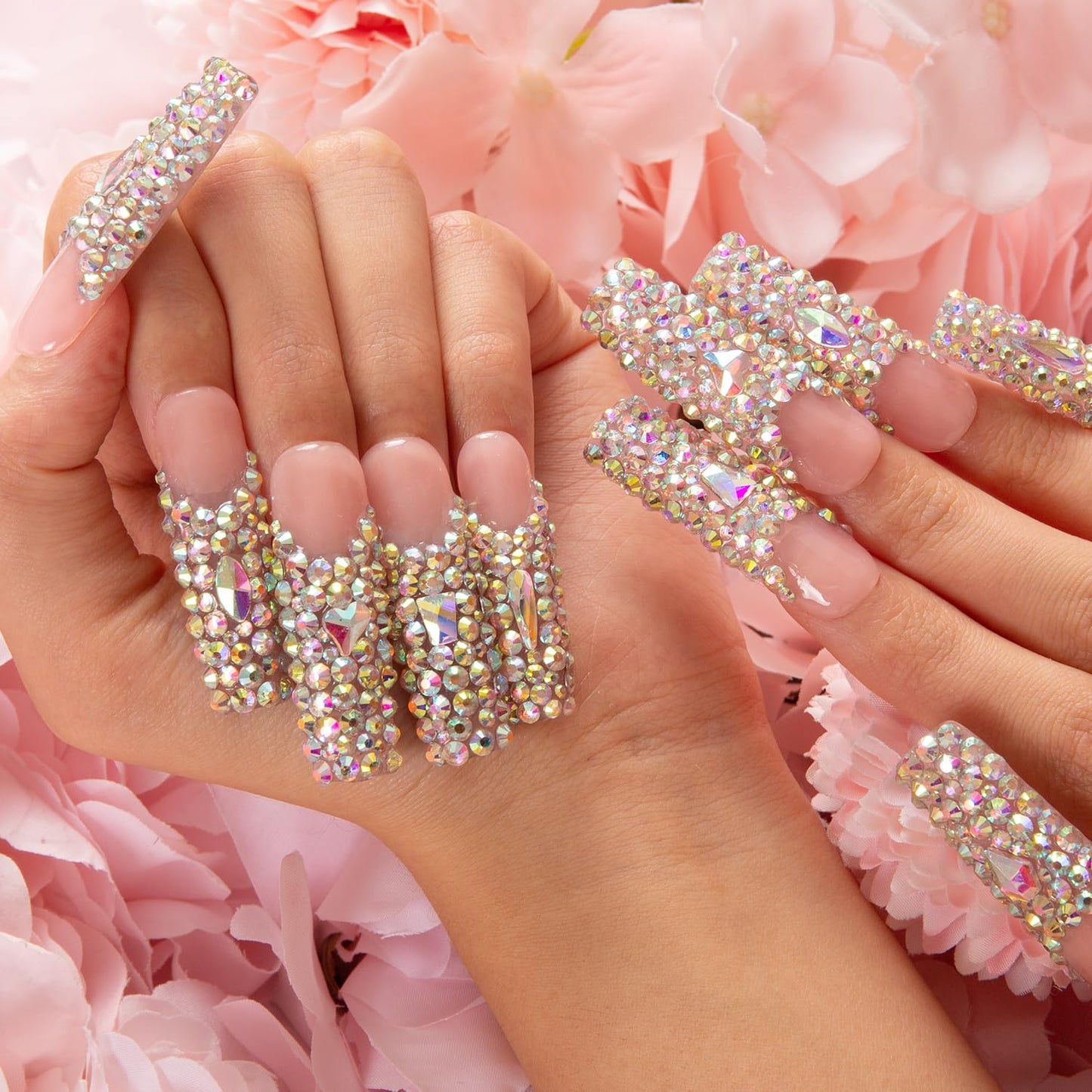 LOVFUL Press on Nails Angel's Tear Rhinestone | Handmade with Full Covered Crystals | Reusable Fake Nails | Square Mid length 1.7in | H48-L
