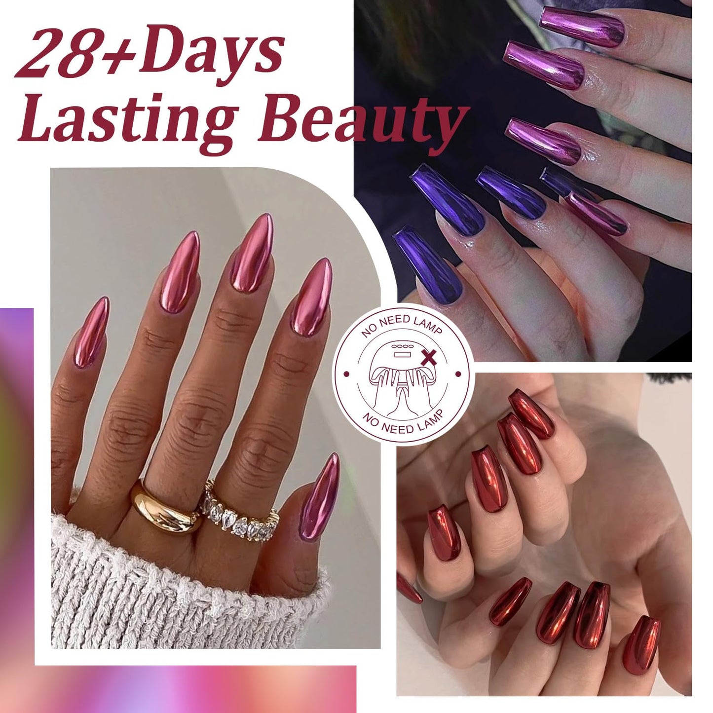 DouborQ Metallic Nail Polish Set, 12 Colors Mirror Chrome Glitter Nail Polish 0.35 FL.oz/10ml Holographic Gold Silver Pink Red Purple Manicure