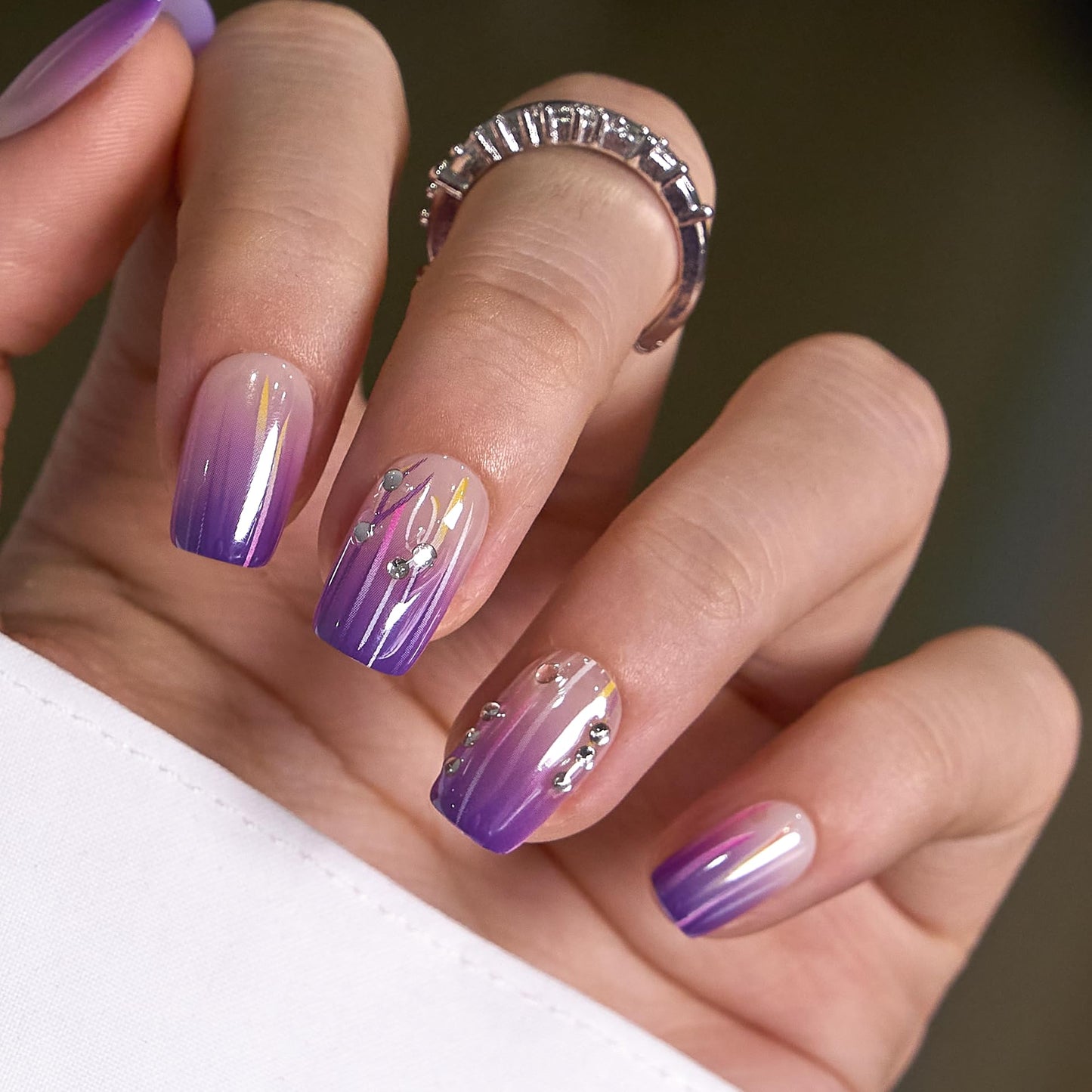 CurvLife Press On Nails Kit - Full Cover False Nail Tips with Trendy Designs, Reusable & Glue Included - Easy Application Nail Accessories for Women (gradient purple lines, Medium)