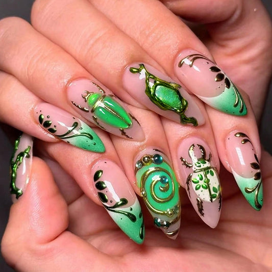 CJDLTS Pink Press on Nails Almond Shaped Artificial Acrylic French Gradient Fake Nails Green Golden Turtle with Metal Lines Long Design Glue on Nail Artificial Fingernails for Women Manicure 24Pcs