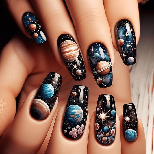 Medium Press on Nails Black Coffin Fake Nails with Full Cover Reusable Glue on Nails Glossy Planet Designs Medium Length Ballet Acrylic Stick on Nails for Women Girls 24Pcs