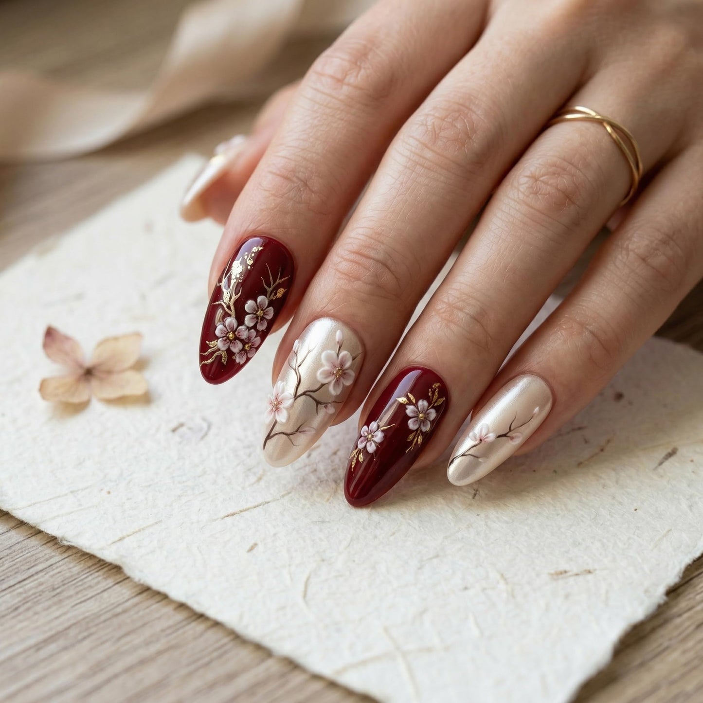 Press On Nails Almond Medium, Handmade Red Champagne Acrylic Fake Nails, Cherry Blossom Sakura Floral Design, Reusable Glossy, Custom Made to Order