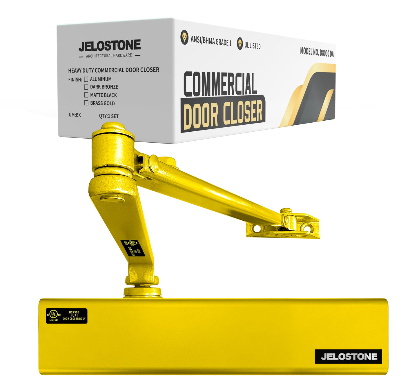 Heavy Duty, Commercial Door Closer D8000DA, ANSI Grade 1, UL 3 Hour Fire Rated, ADA Compliant, Delayed Action, Adjustable Spring Size 1-6 for Doors(44-330LB/30-60 in), Indoor/Outdoor (Brass Gold)