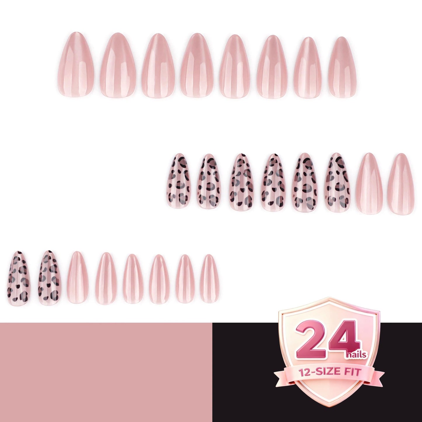 Taoyisent Glossy Pink Leopard Press-On Nails Almond Shape, Nude Blush False Nails with Animal Print Design, Medium Length Stick On Nails for Women, Reusable Acrylic Nails Kit 24PCS