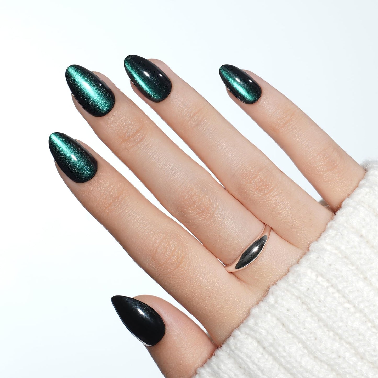 Green Cat Eye Press On Nails Almond - Short Almond Fake Nails with Nail Glue, Dark Green Cateye Press On Nails Reusable Stick On Nails in 16 Sizes 32 Nail Kit for Women & Girls | Salon Quality