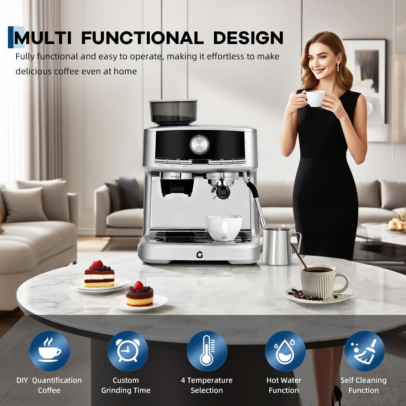 OUTLANE Espresso Machine with Grinder - 20 Bar Pressure, Stainless Steel Build, 1.5L Removable Water Tank, Milk Frother & Steam Wand for Latte/Cappuccino, Adjustable Espresso Shot Volume - Professiona