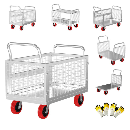 5IN1 Heavy Duty Platform Truck with Cage 40x24 Hand Truck,1800lbs Capacity Basket Cart w/Wheels, Multi-Functional Push Dolly w/6” Swivel Casters, Versatile Flatbed Cart