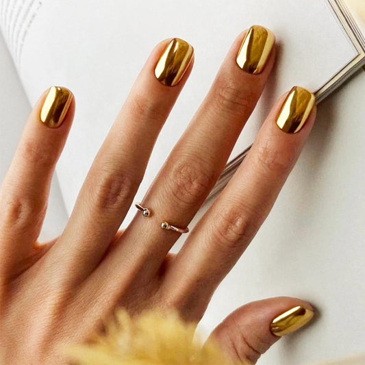 FJSMTOPl Gold Press on Nails Square Fake Nails Short False Nails with Designs Metallic Holographic Glue on Nails Acrylic Nails Glossy Stick on Nail for Women Nail Manicure
