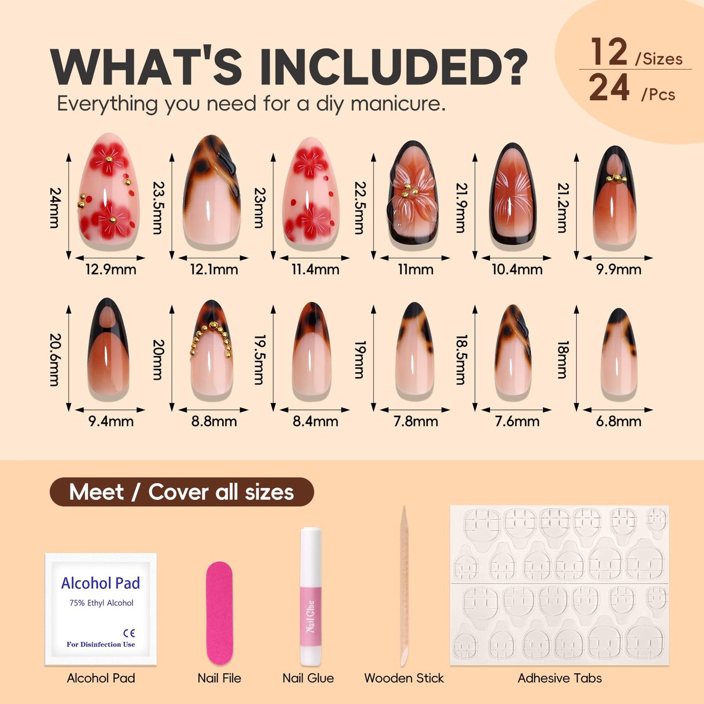 HOSAILY Medium Almond 3D Brown Gold Flower Press on Nails-‎ Tortoiseshell Leopard French Tip Blossom Gradient Design,24Pcs Handmade Fall/Autumn/New Year Glue on Acrylic Fake Nail Press ons for Women