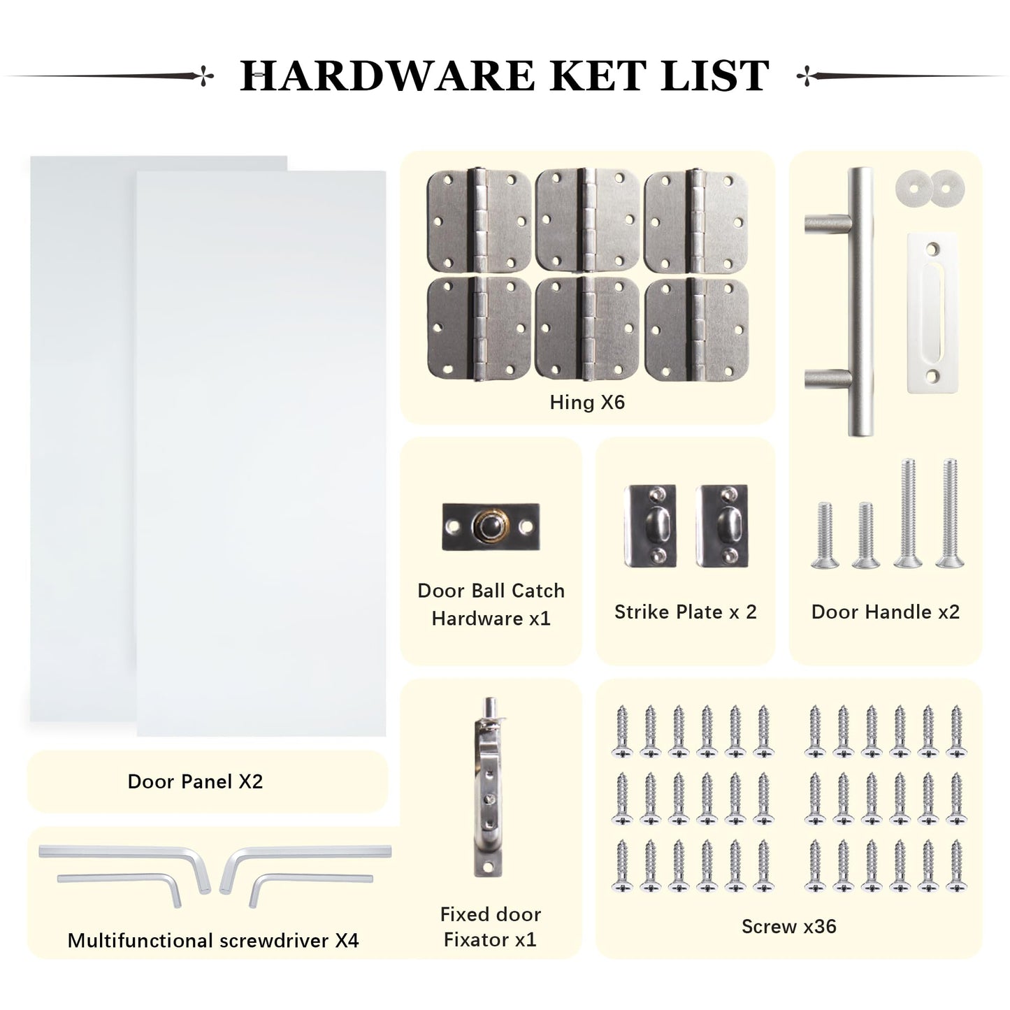 Lakenyon French Doors, 60" x 80", 5-Lite Frosted Tempered Glass French Doors Interior, Solid MDF Core French Door, T-Shape Handles, Flush Bolts, Top Bead Guide, Paintable Surface, White