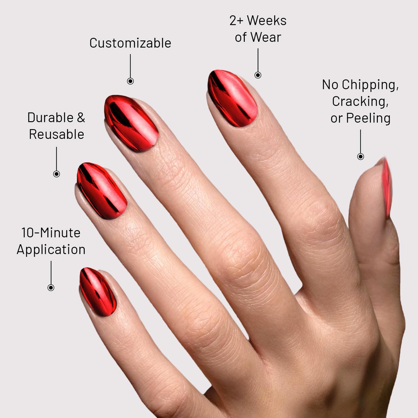 Lilac St - Press on Nails, Cherry Plated (30 Nails, 15 Sizes) - Short, Almond, Chrome + Glossy, Opaque - Brush On Nail Glue, Nail File, Cuticle Stick, Prep Pad - Reusable - Cruelty Free, Vegan
