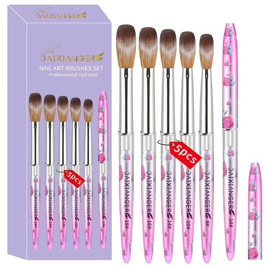 DAIXIANGER 5PCS Acrylic Nail Brush Set - Size 8/10/14/16/18 Brushes for Acrylic Powder Application, 3D Carving & Nail Art Extension, Pink Flower Handle Nail Tools for DIY Salon Manicure