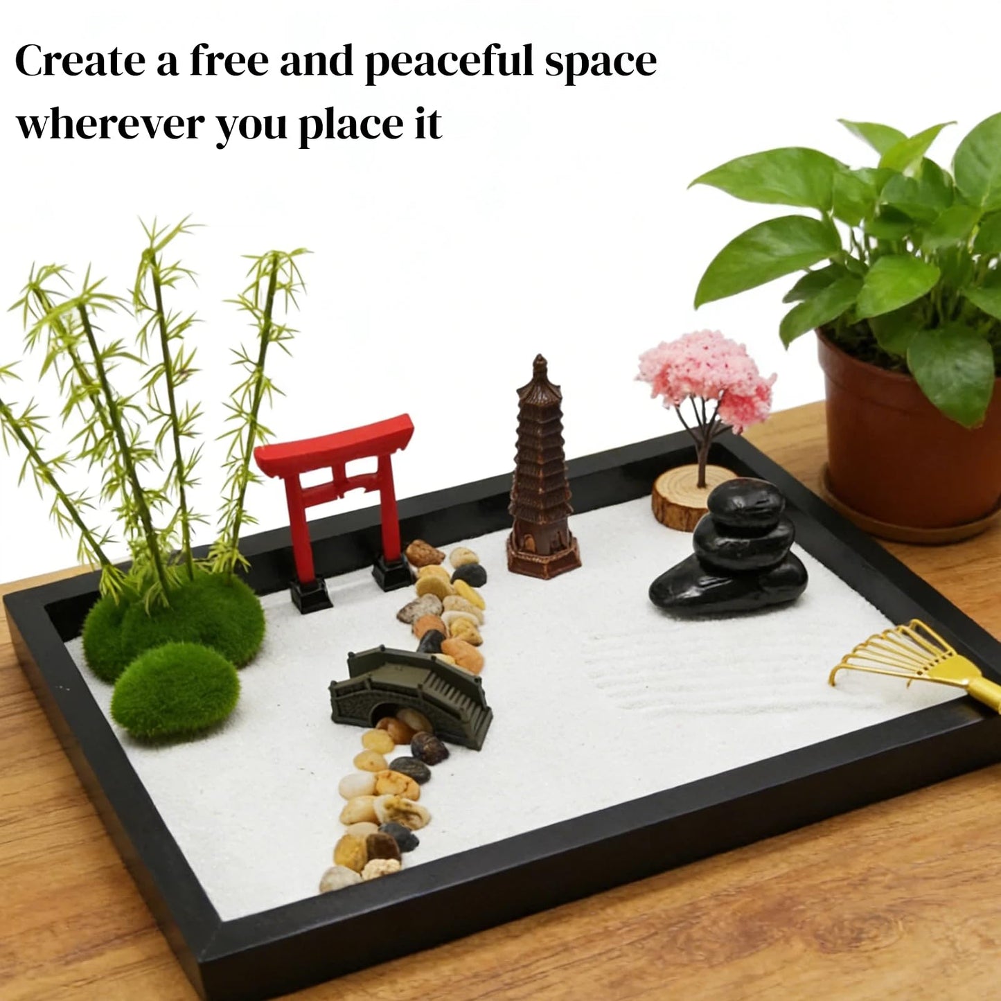 Flasunire Zen Garden Kit - Mini Zen Sand Garden Beautiful Japanese Gift Set Decor, 12.5 x8in Sand Tray, Meditation Gifts, Sand Tray Therapy Desktop Meditation Room, 15 Accessories and 6 Tools