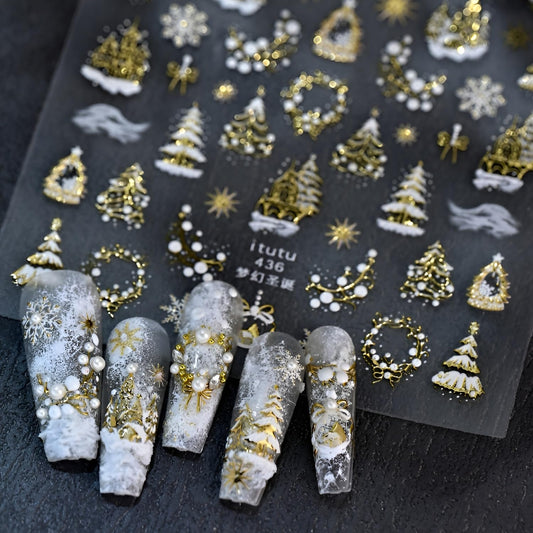 Christmas Nail Art Stickers 5D Embossed Xmas Tree Snowflake Nail Decals White Gold Christmas Nail Stickers for Nail Art Self Adhesive Holiday Nail Supplies Design for Women Girls