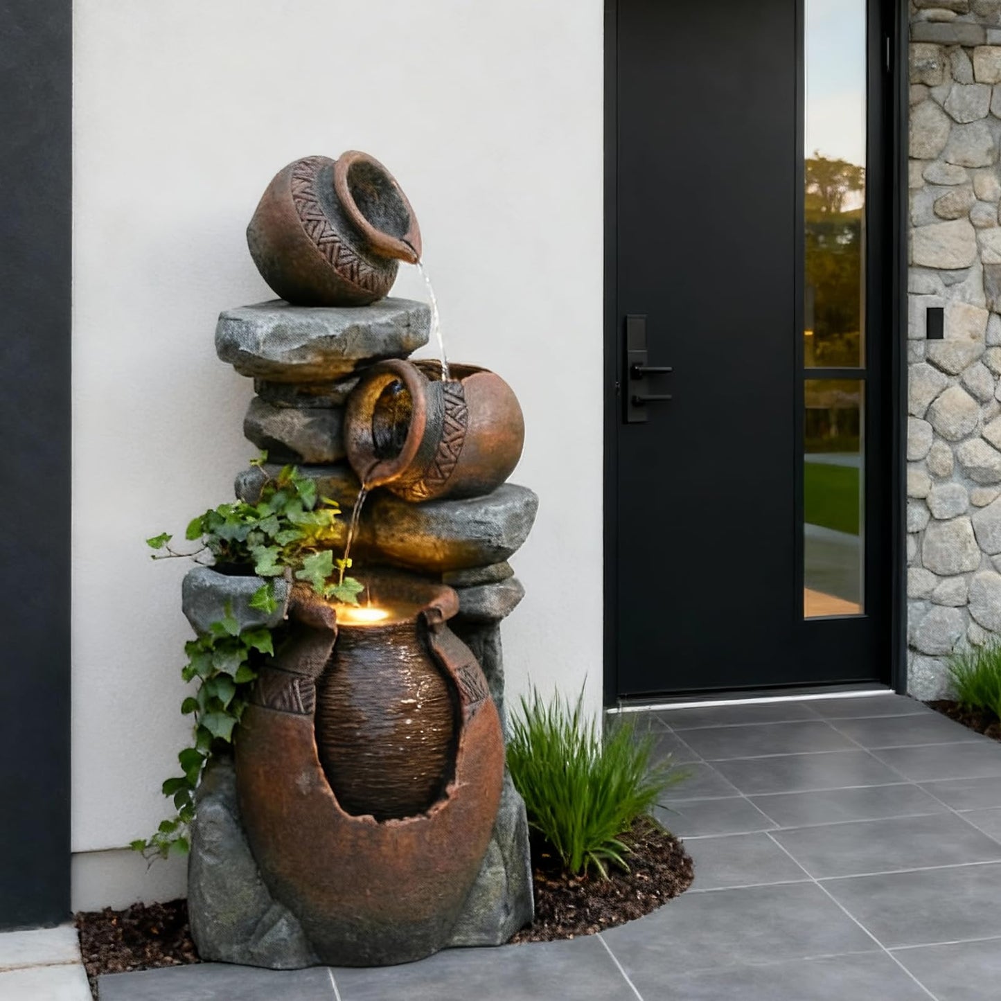 Bumilgar Outdoor Garden Water Fountain for Garden, Patio, Backyard, Deck, Porch and Home Art Decor, 3 Tiers Modern Cascading Outdoor Fountain with Lights 38.4" H